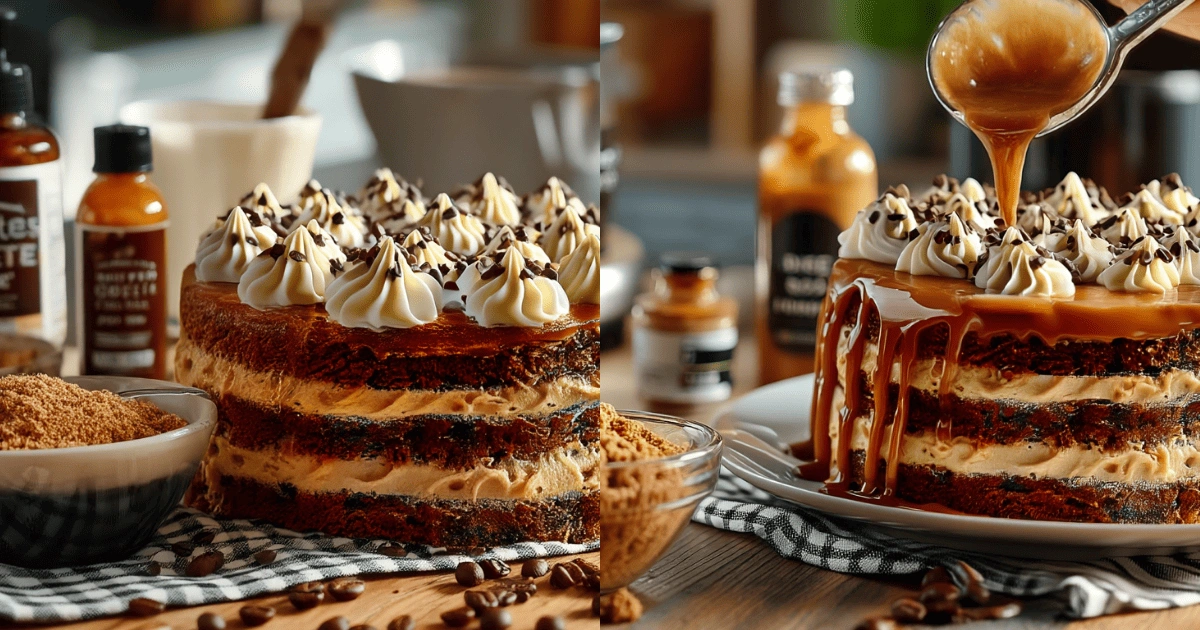 Gooey Coffee Caramel Cake with caramel drizzle and buttercream topping being decorated
