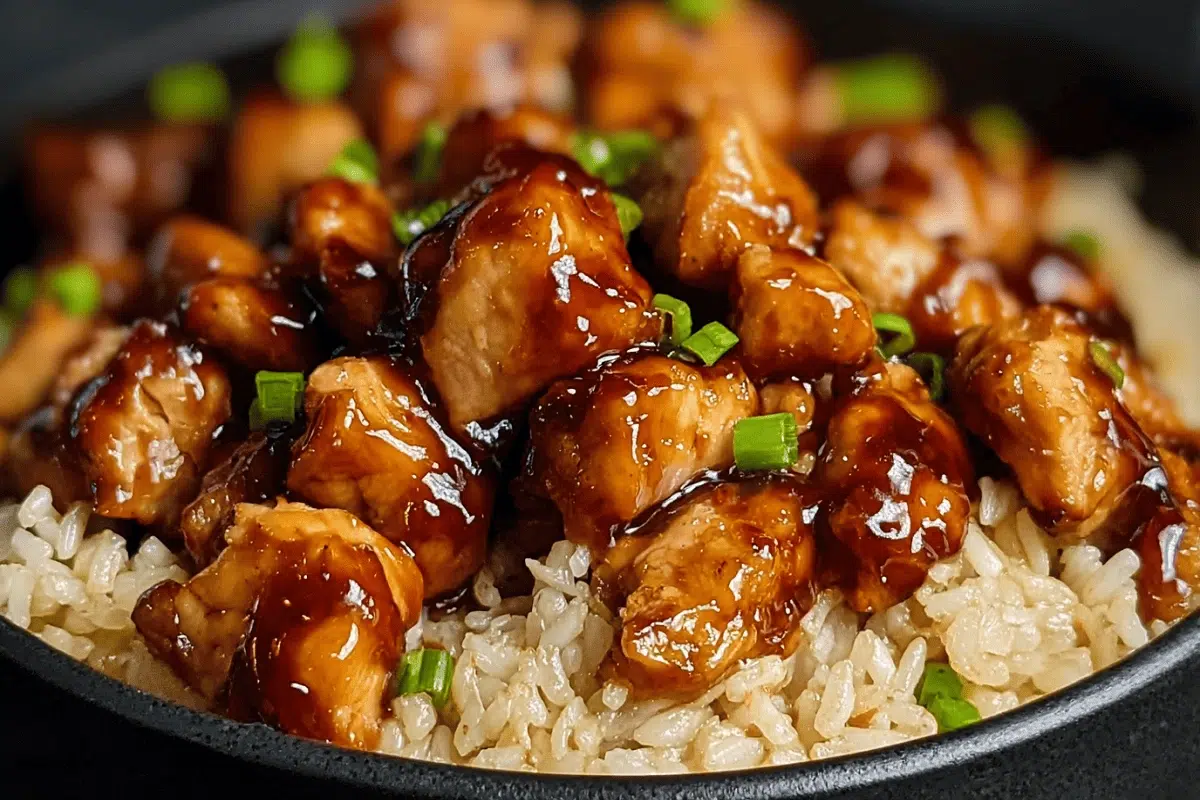 Honey BBQ Chicken Rice in a ceramic bowl