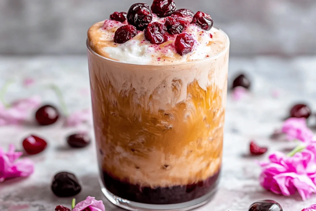 Iced Cherry Chai Latte with cherry cold foam