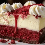 knock you naked red velvet cheesecake close-up slice with whipped topping
