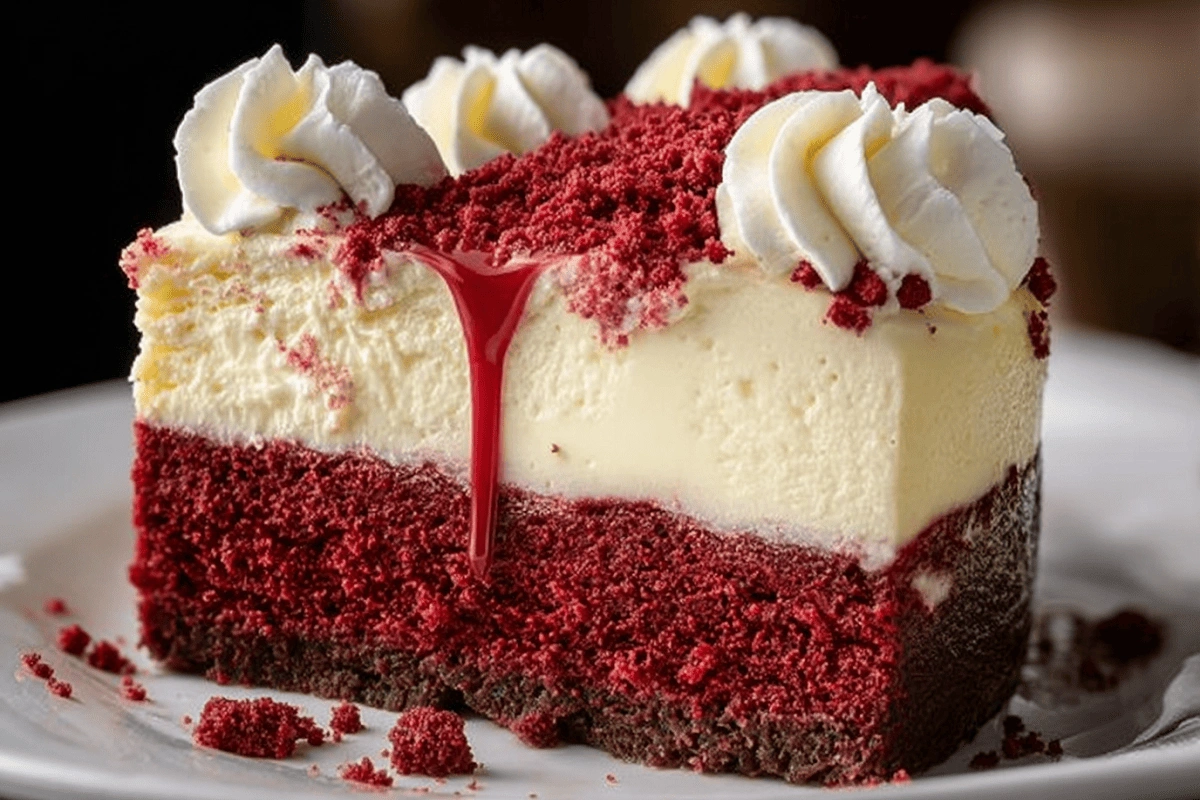 knock you naked red velvet cheesecake close-up slice with whipped topping
