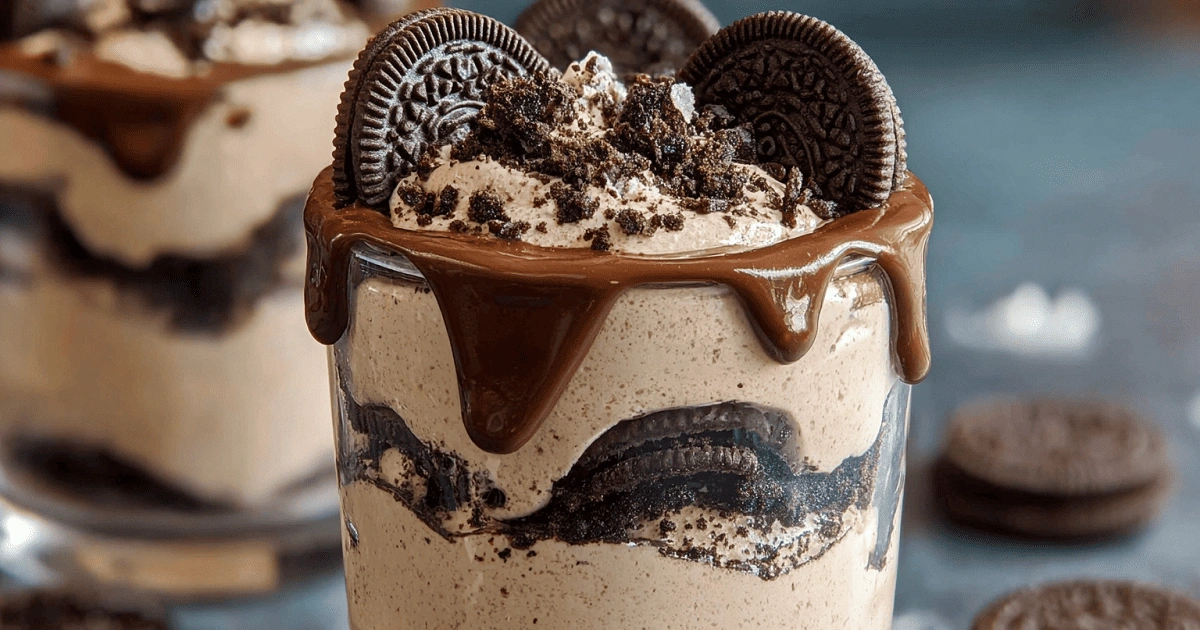 Layering Oreo mousse and ganache in dessert cups