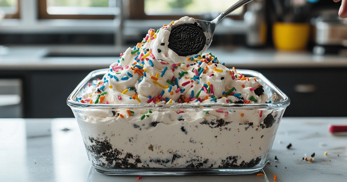 Layering whipped funfetti cream into Oreo icebox cake
