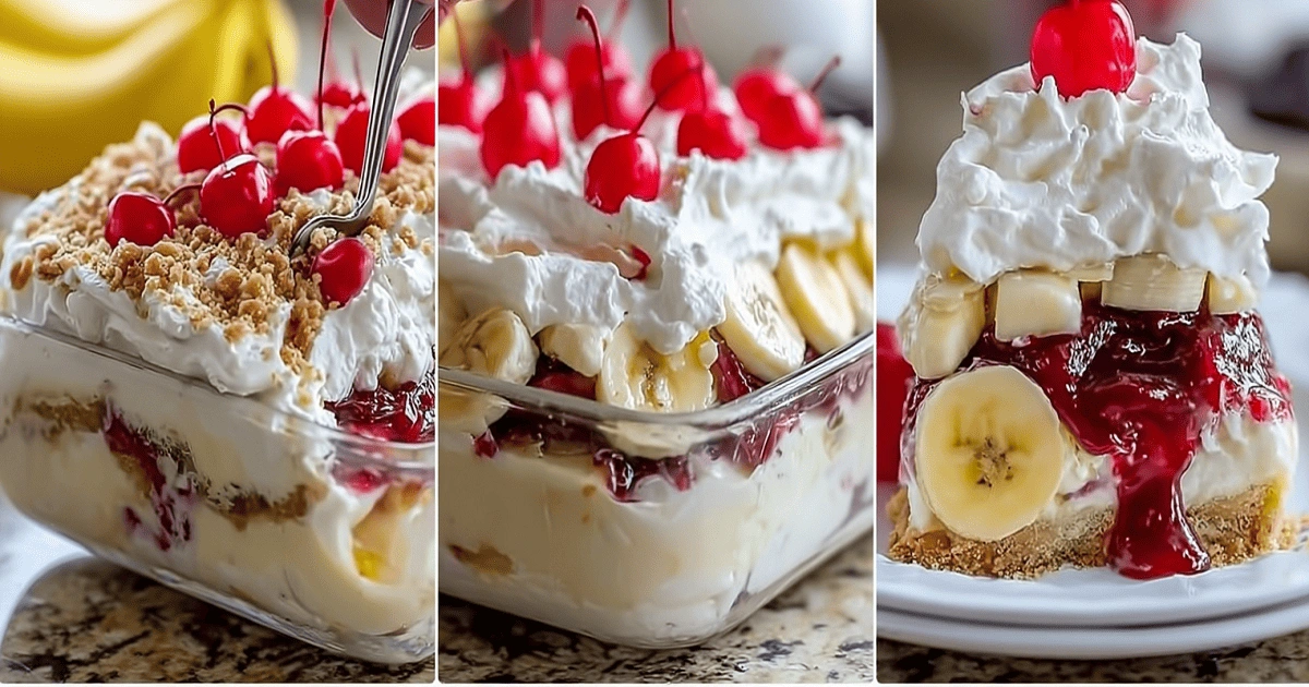 Step-by-step layering of banana split cake