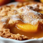 Lazy Man’s Pie Peach Cobbler fresh from oven in rustic pan