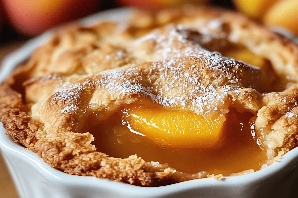 Lazy Man’s Pie Peach Cobbler fresh from oven in rustic pan