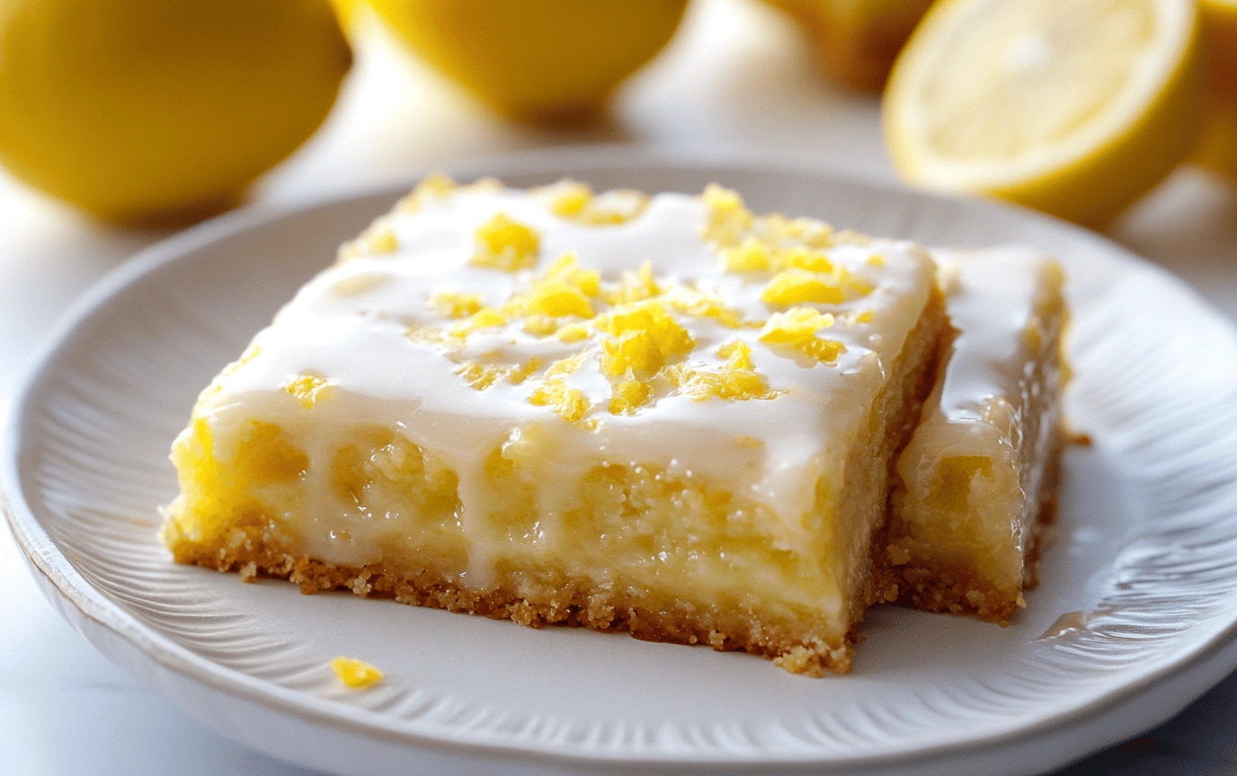 lemon brownies with lemon glaze on white plate