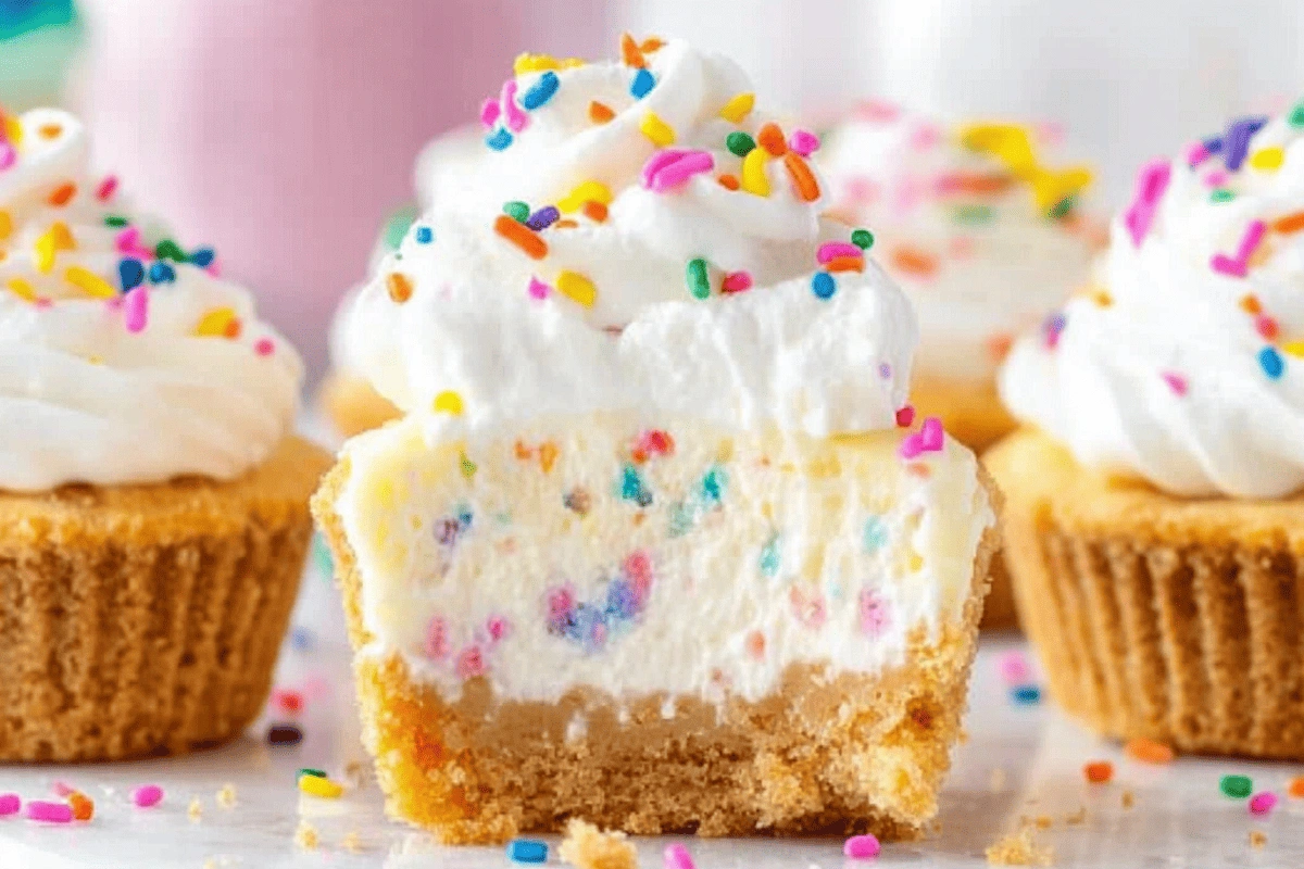 Mini Funfetti Cheesecakes with sprinkles and whipped cream
