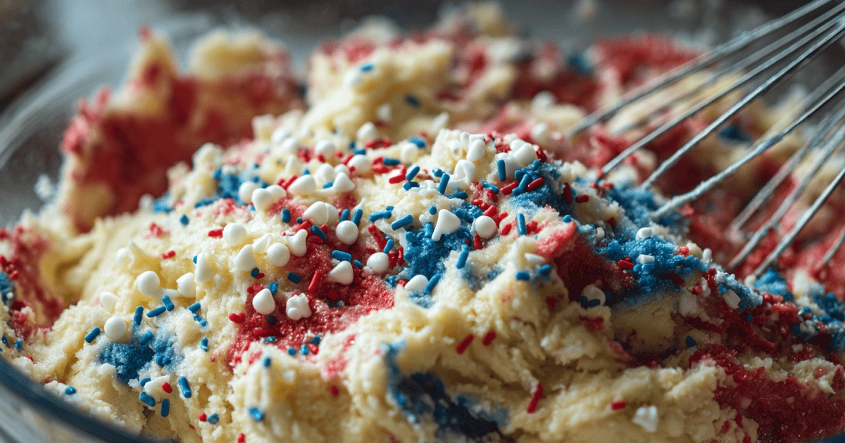 Mixing 4th of July pudding cookie dough