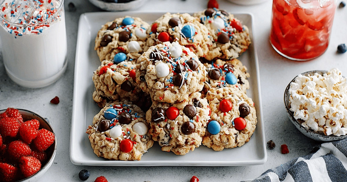 Patriotic dessert table with 4th of July Monster Cookies