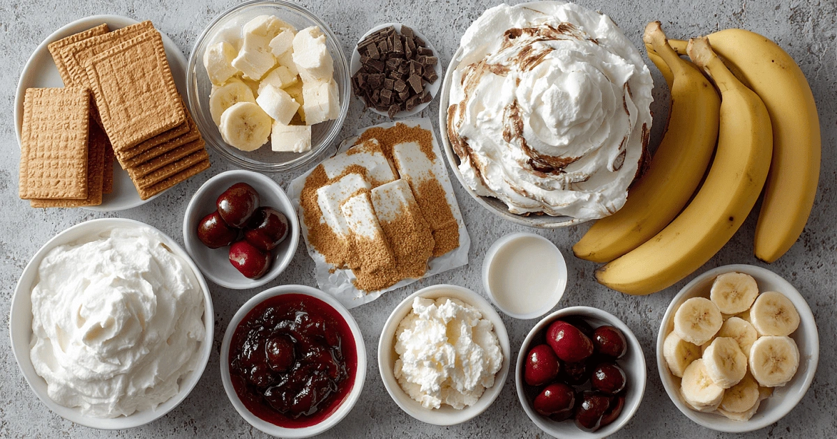 Ingredients for no-bake banana split cake recipe
