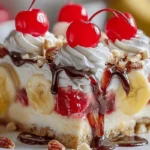 Close-up of no-bake banana split cake slice with toppings