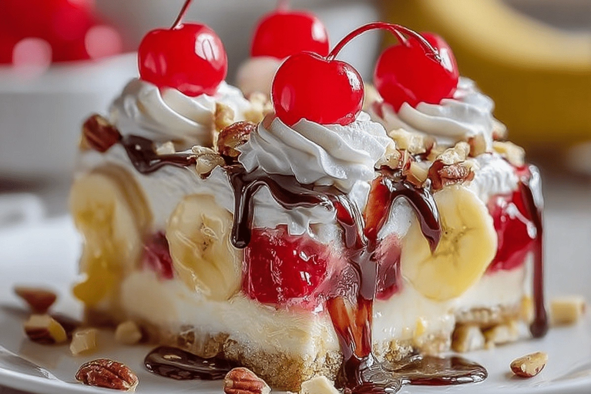 Close-up of no-bake banana split cake slice with toppings