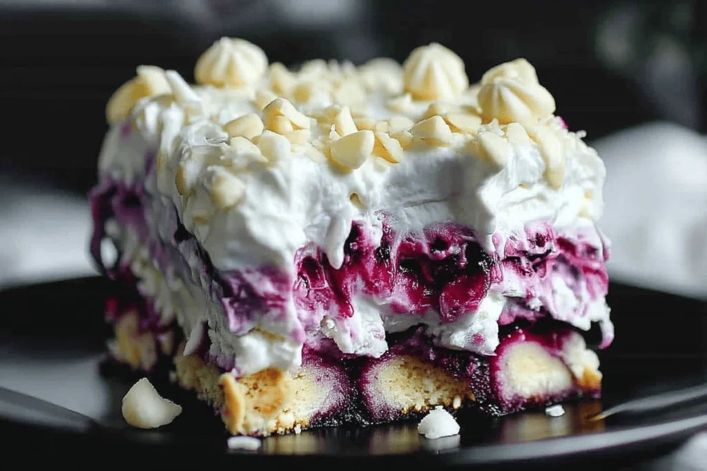 No-Bake Blueberry Cream Cheesecake Lasagna slice topped with whipped cream and white chocolate curls
