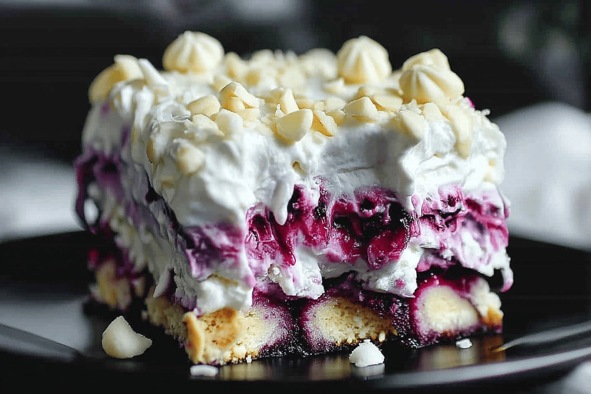 No-Bake Blueberry Cream Cheesecake Lasagna slice topped with whipped cream and white chocolate curls