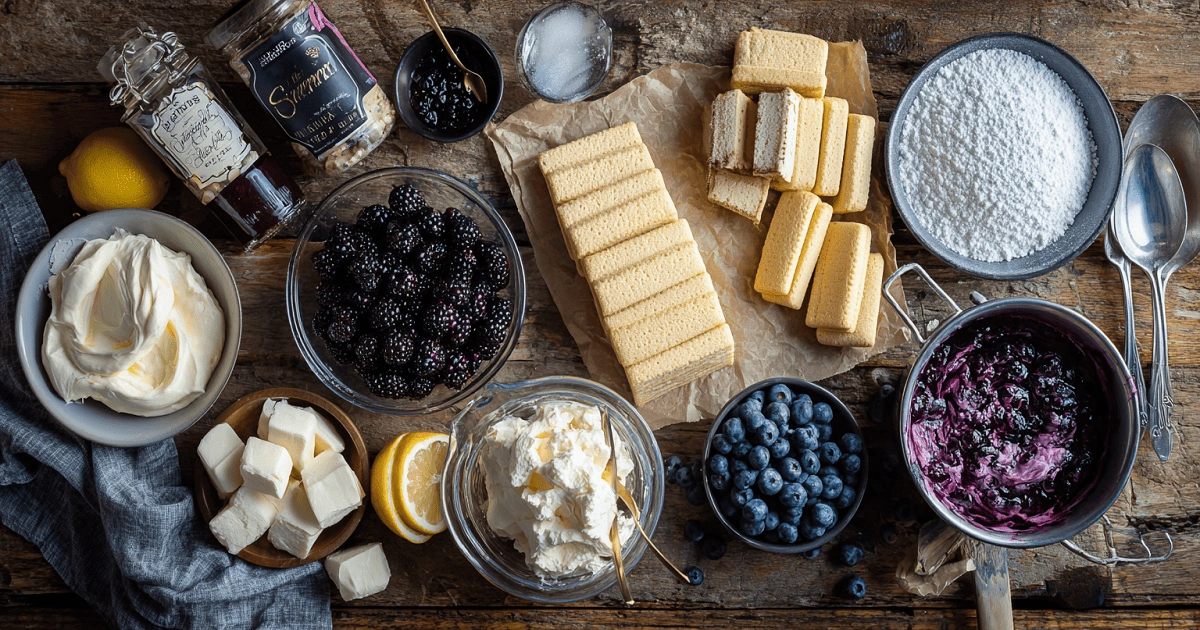 Ingredients for No-Bake Blueberry Cream Cheesecake Lasagna including cream cheese, blueberries, ladyfingers, and lemon