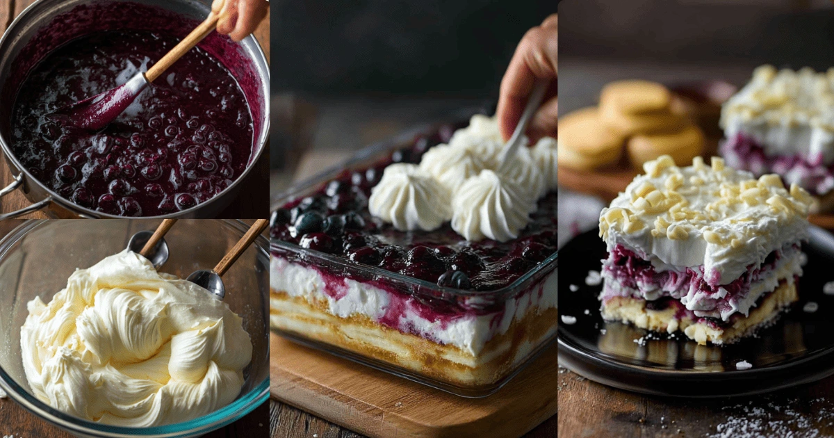 Step-by-step images showing how to make No-Bake Blueberry Cream Cheesecake Lasagna with final plated slice