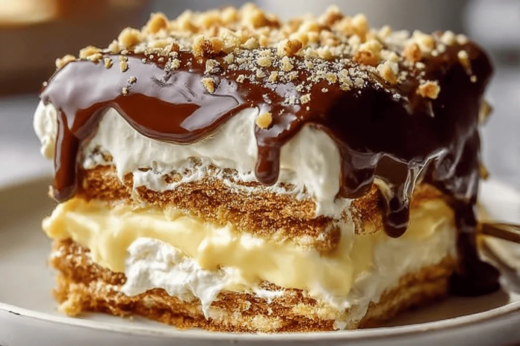 Classic no-bake chocolate eclair cake layered to perfection