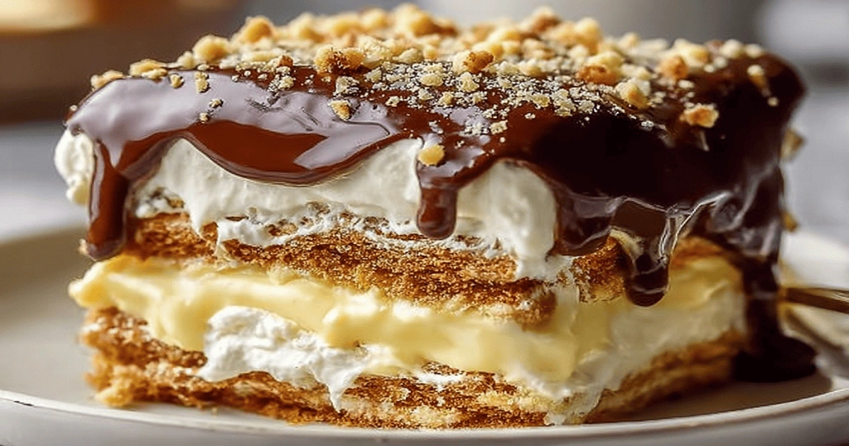 Classic no-bake chocolate eclair cake layered to perfection