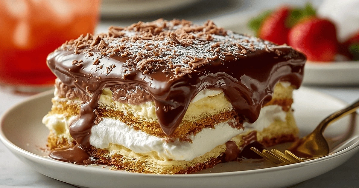 chilled eclair cake slice with strawberry drink