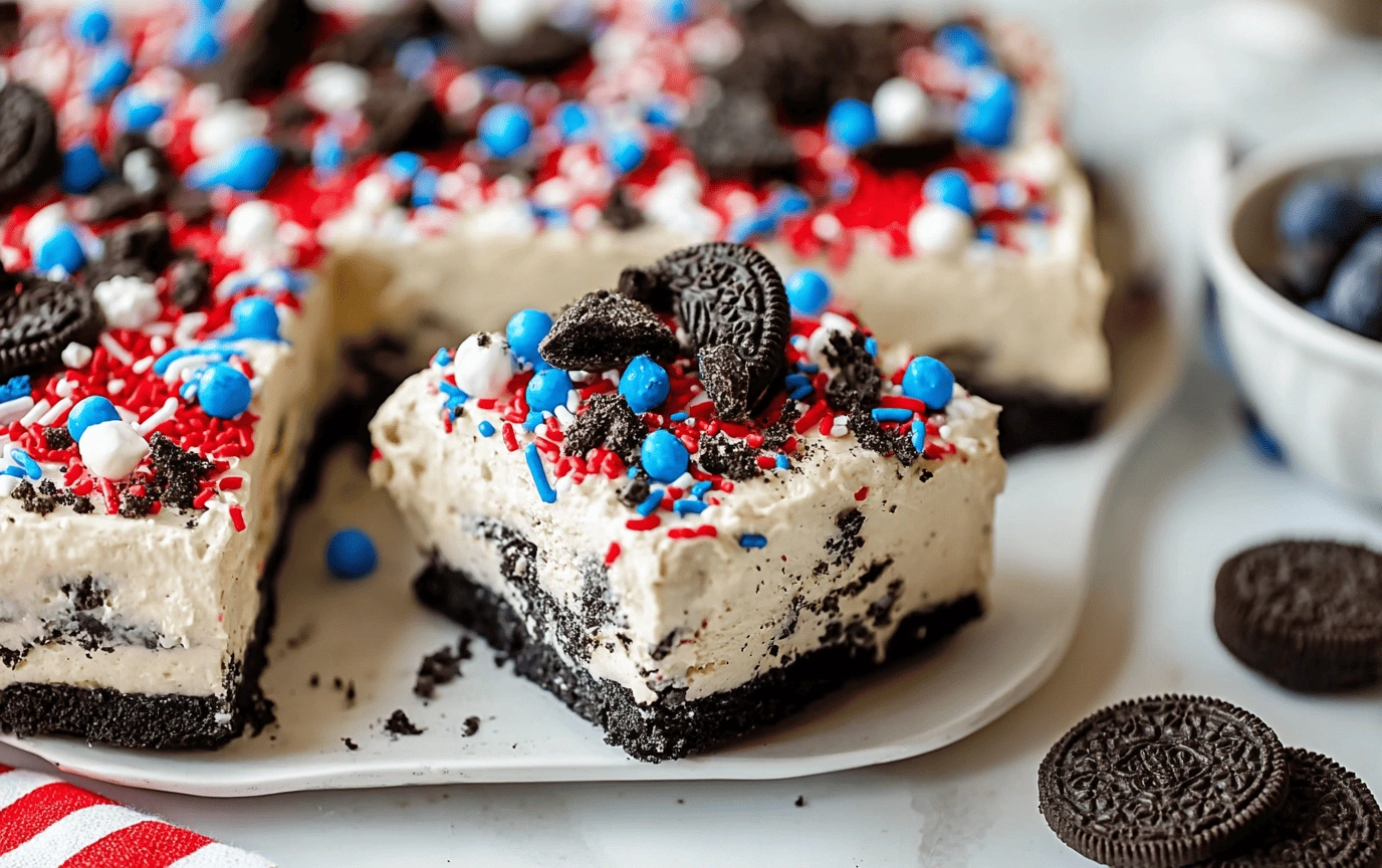 No-Bake Fireworks Oreo Cheesecake Bars with sprinkles