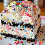 No-Bake Funfetti Oreo Icebox Cake with sprinkles and whipped cream