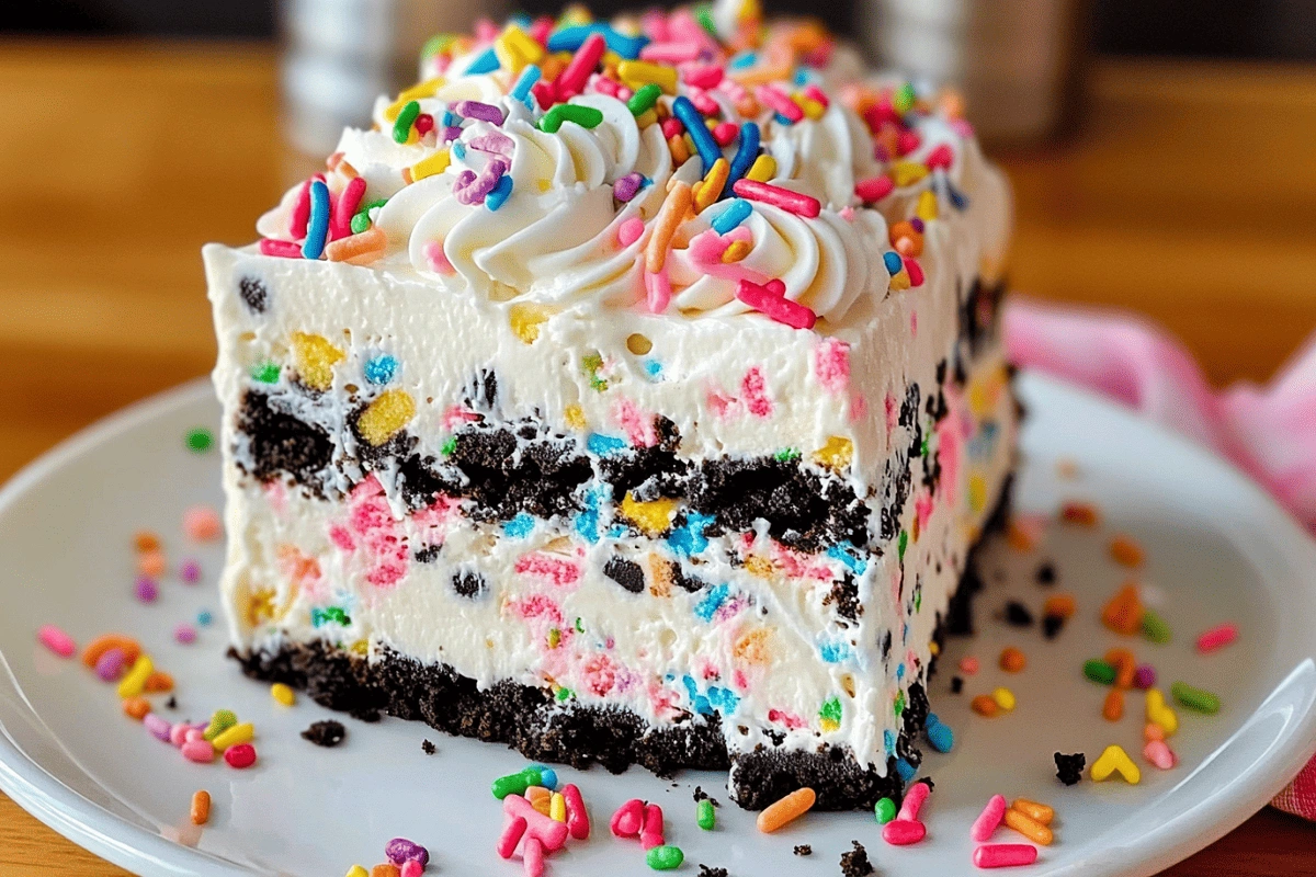 No-Bake Funfetti Oreo Icebox Cake with sprinkles and whipped cream