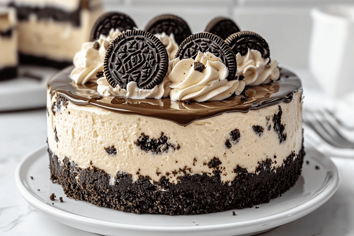 Oreo cheesecake with chocolate ganache and whipped cream
