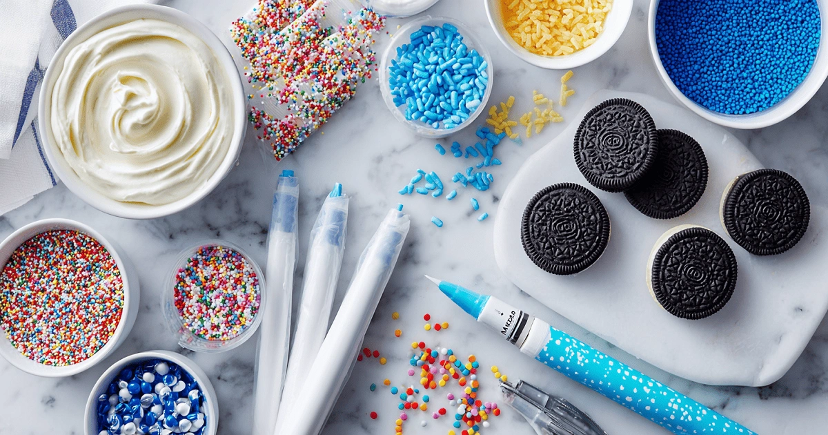 Decorating 4th of July Chocolate Covered Oreos with piping bags
