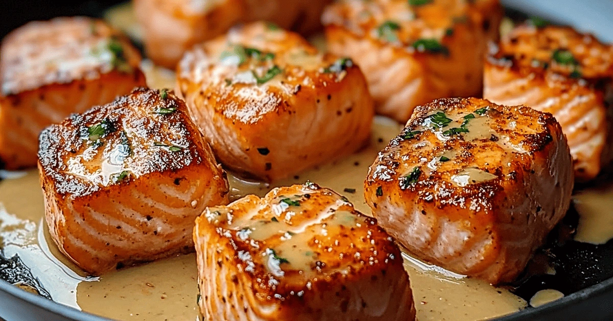 Pan-seared Bang Bang salmon bites cooking in skillet