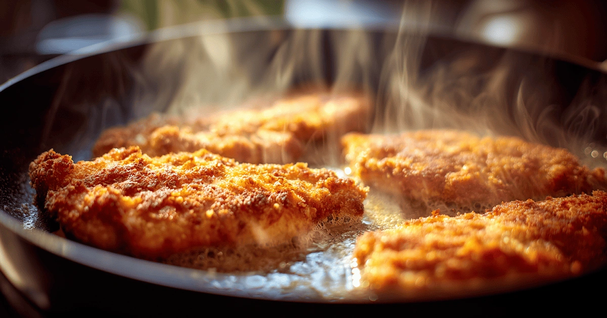 Pretzel-crusted chicken sizzling in a skillet