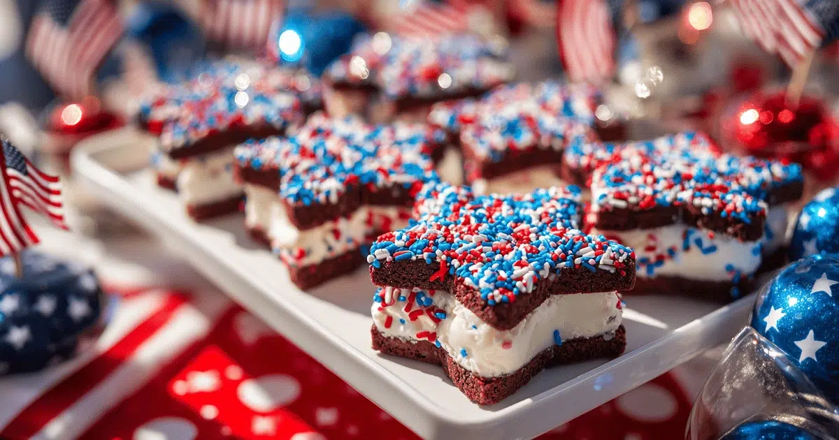 Patriotic dessert table with mini sandwiches