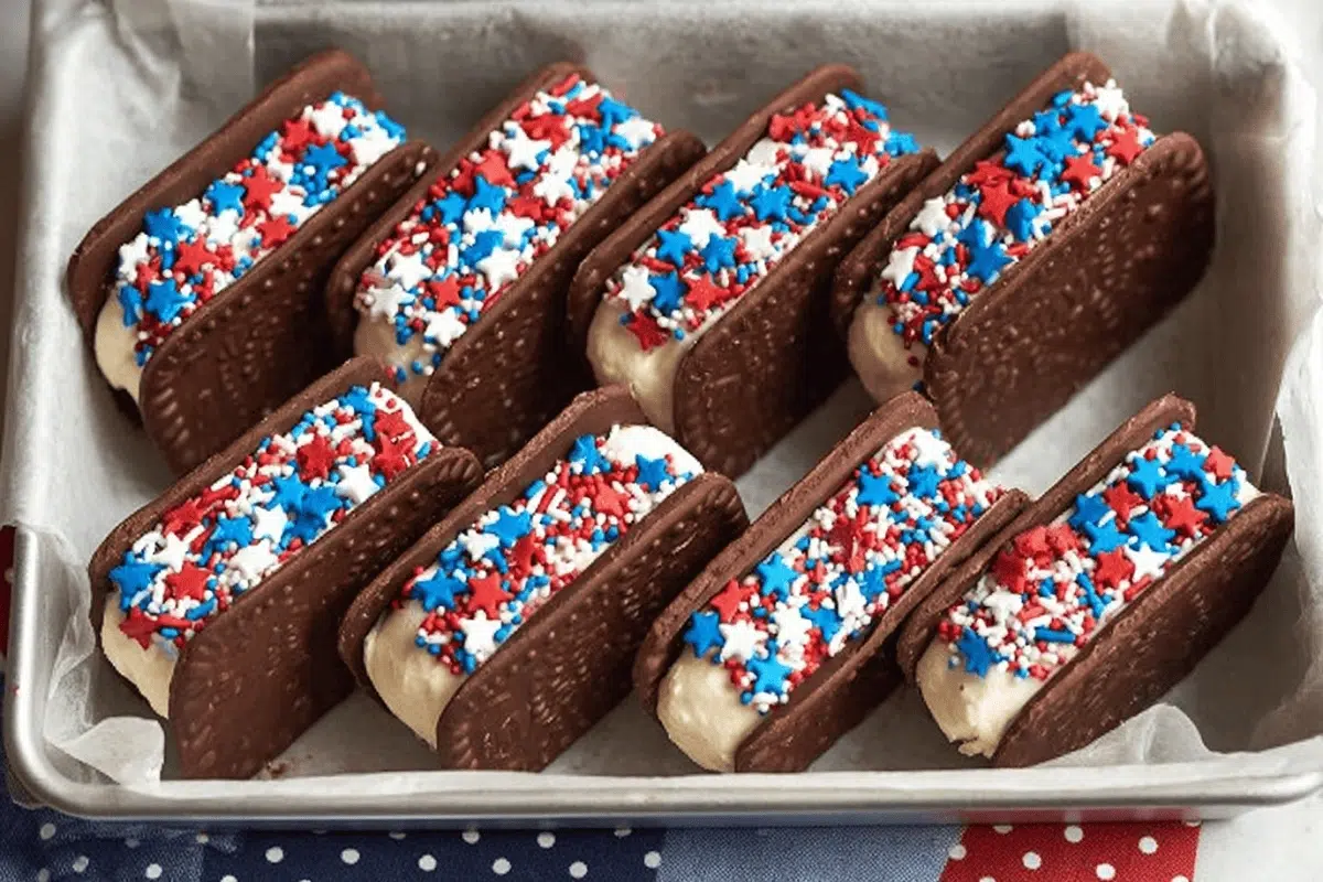 Patriotic Mini Ice Cream Sandwiches on festive platter