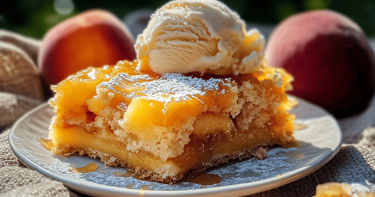  Heavenly Summer Peach Bars served with vanilla ice cream
