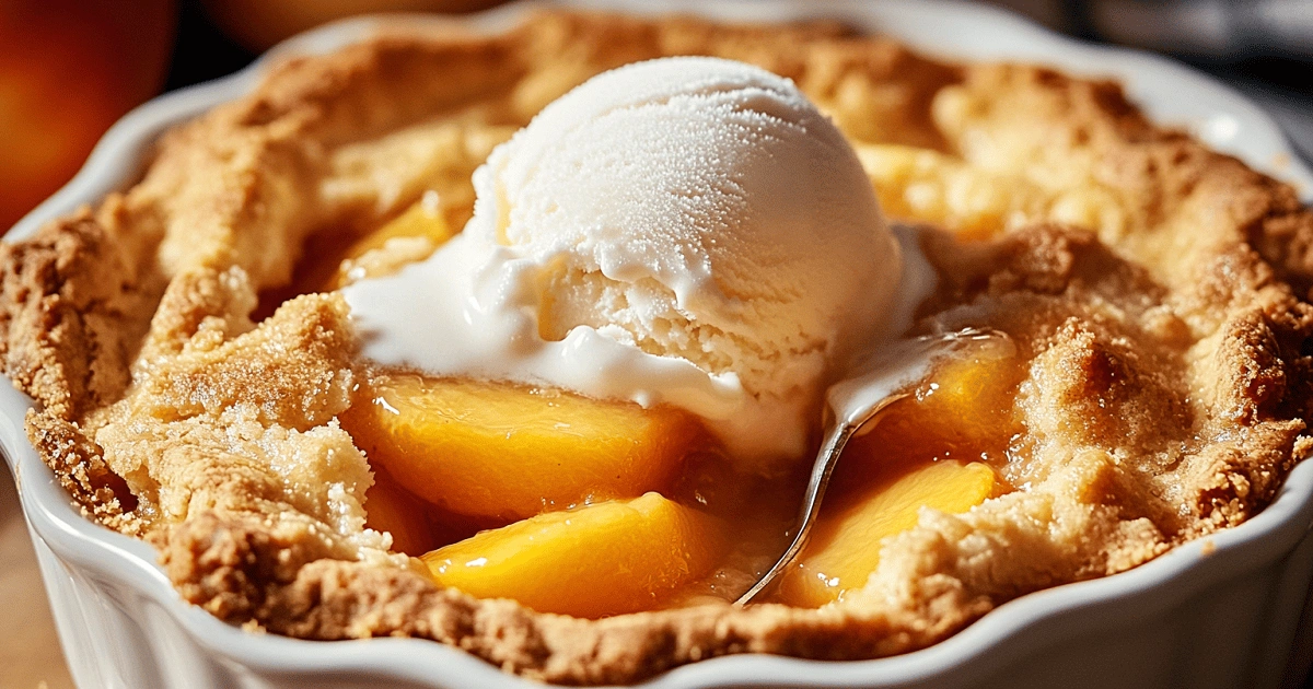  Lazy Man’s Pie Peach Cobbler printed recipe card with ingredients