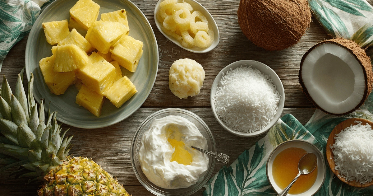 Fresh pineapple and shredded coconut ingredients