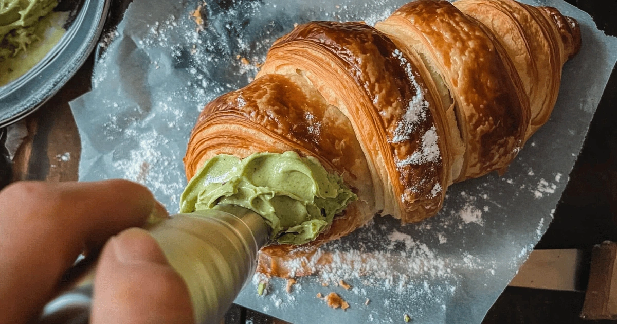 Piping pistachio cream into croissant shell