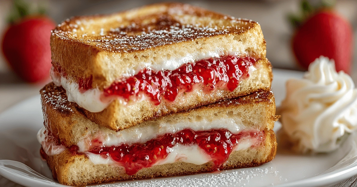 Plated air fryer strawberry cheesecake sandwiches with garnish