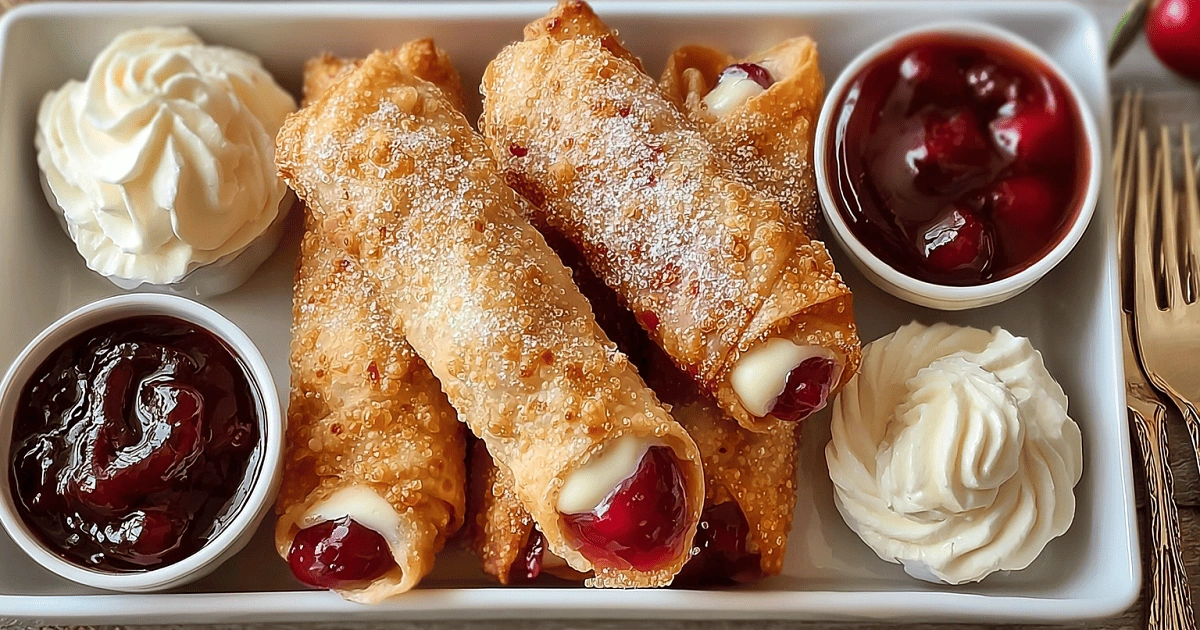 Served cherry cheesecake egg rolls with dipping sauces