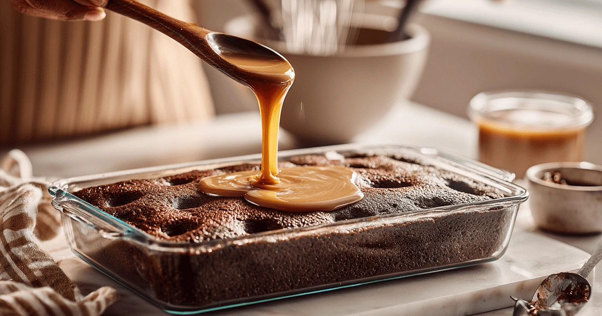 Poking holes in chocolate cake for Black Forest poke cake