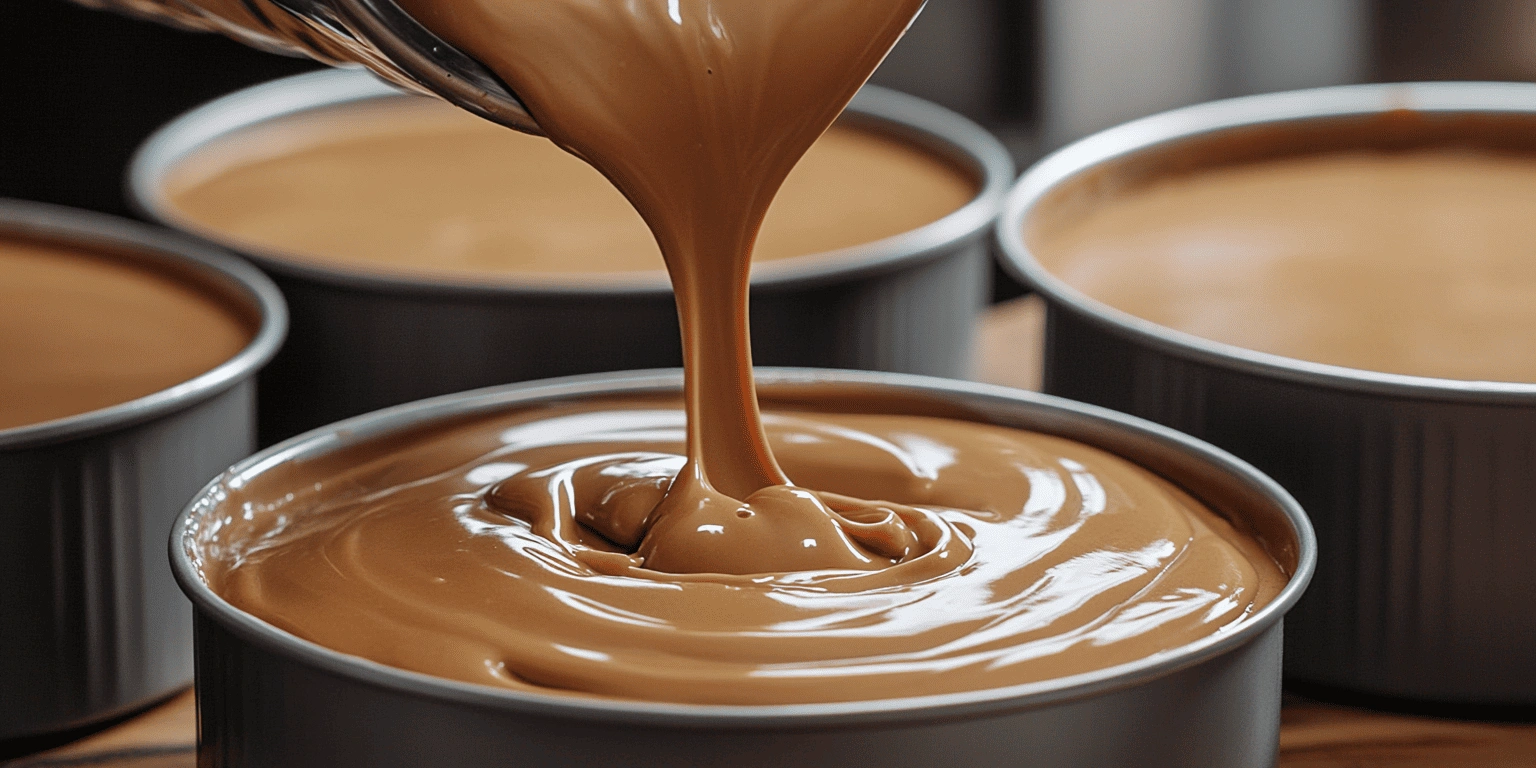Pouring butterscotch cake batter into pans