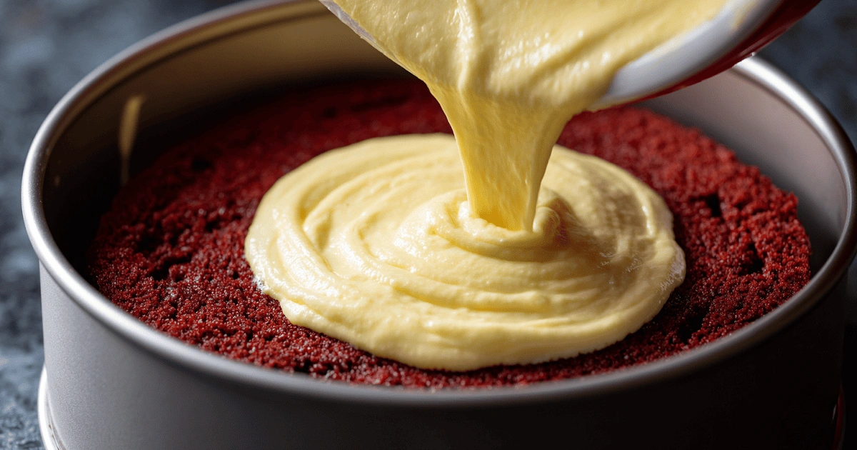 cheesecake batter poured over red velvet cake in pan