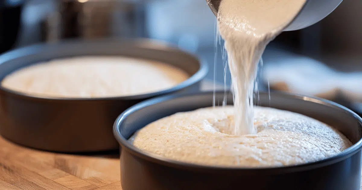  Coconut Cloud Cake batter being poured into cake pans