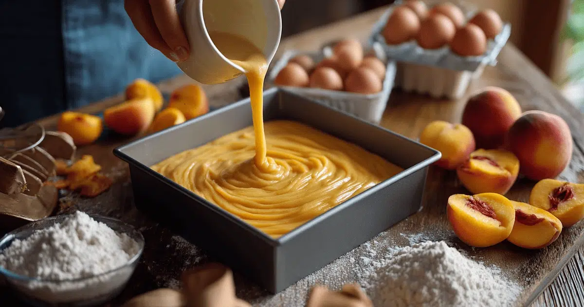  Pouring batter for summer peach cake into baking pan