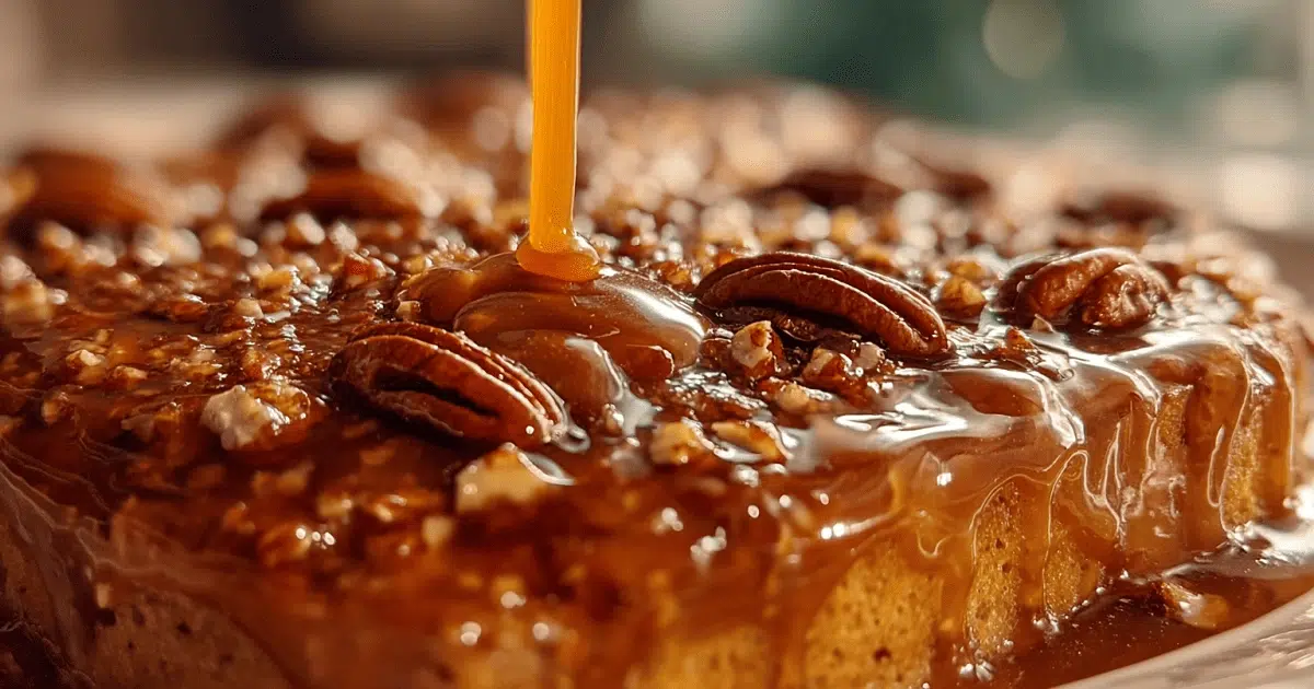 Pouring praline pecan glaze over warm Texas Praline Dream Cake