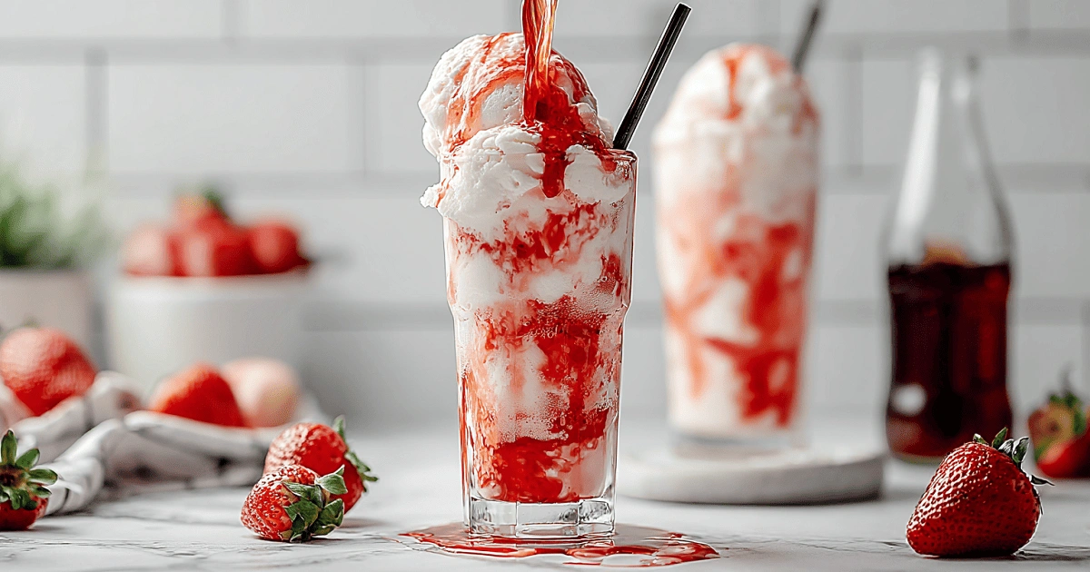 Pouring soda into strawberry ice cream float
