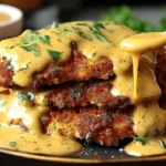 Pretzel Chicken with Mustard-Cheddar Sauce plated with sauce and herbs