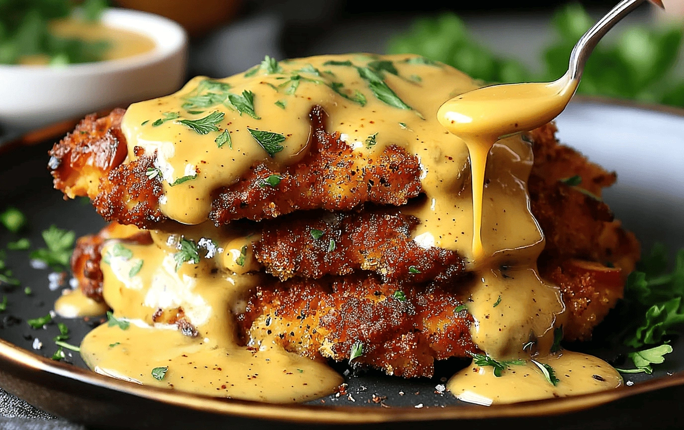 Pretzel Chicken with Mustard-Cheddar Sauce plated with sauce and herbs