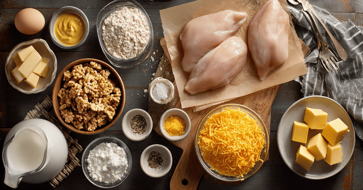  Ingredients for Pretzel Chicken with Mustard-Cheddar Sauce laid out on table