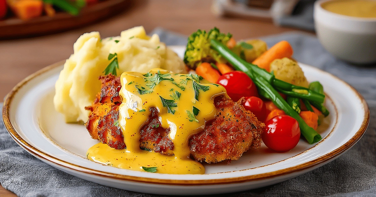 Pretzel Chicken with Mustard-Cheddar Sauce served with mashed potatoes and vegetables